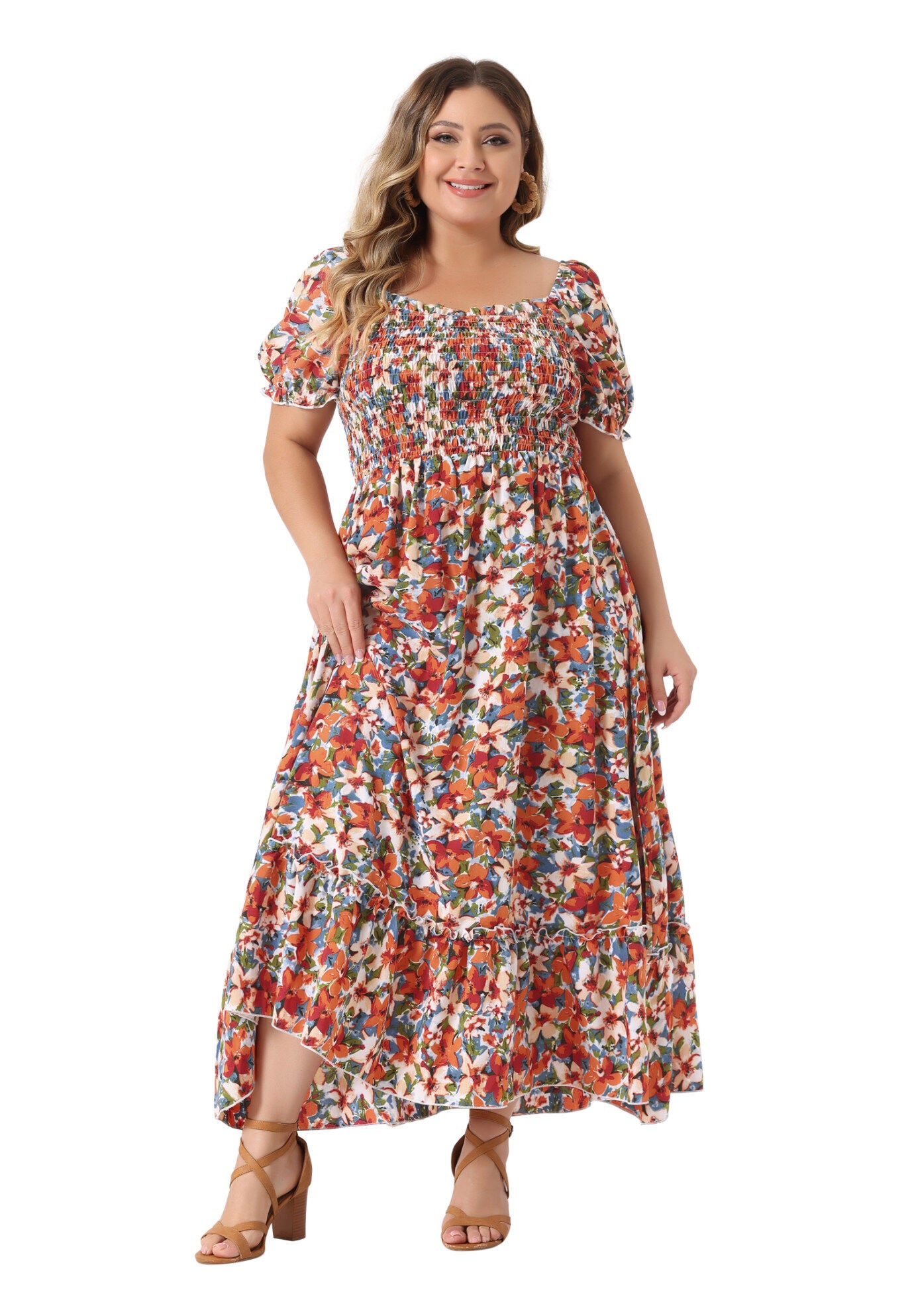 Short Sleeve Shirred Square Neck Floral Maxi Dress, Red / Red, alternate image number 3