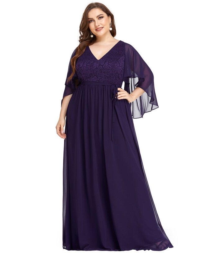 Deep V Neck Lace Bodice Long Flowy Evening Dress, Dark Purple / Purple, alternate image number 3