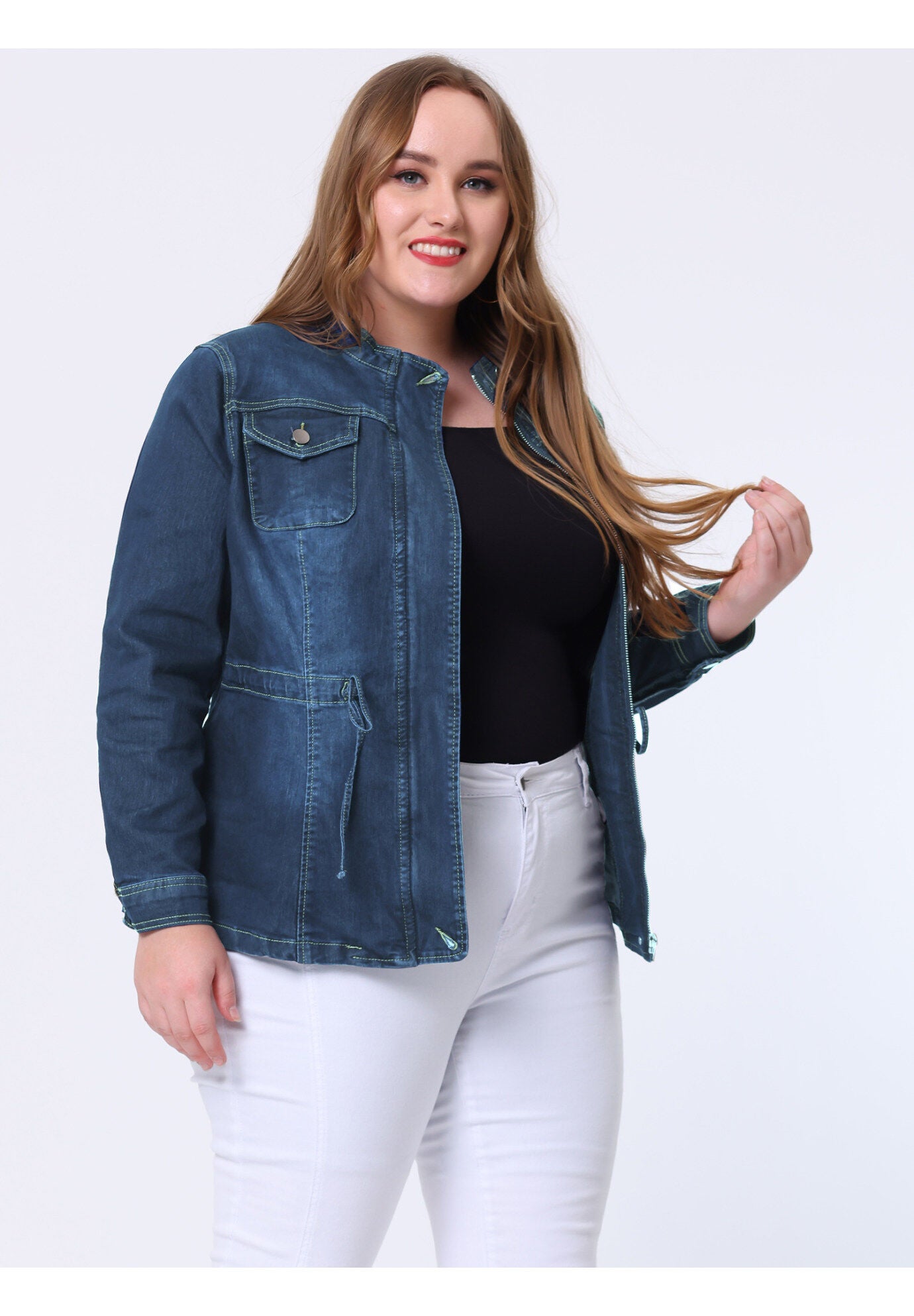 STRETCH STAND COLLAR ZIP DRAWSTRING DENIM JACKET, Navy Blue / Navy, hi-res image number 0