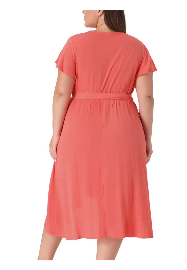Summer V Neck Short Sleeve High Low A Line Midi Dress, Orange Pink / Coral, alternate image number 3