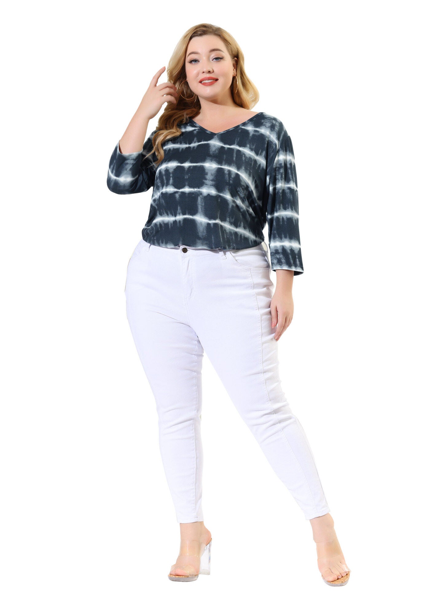 V Neck 3/4 Sleeve Loose Casual Striped Tie Dye Print T-Shirt Top, Grey / Navy, hi-res image number 0