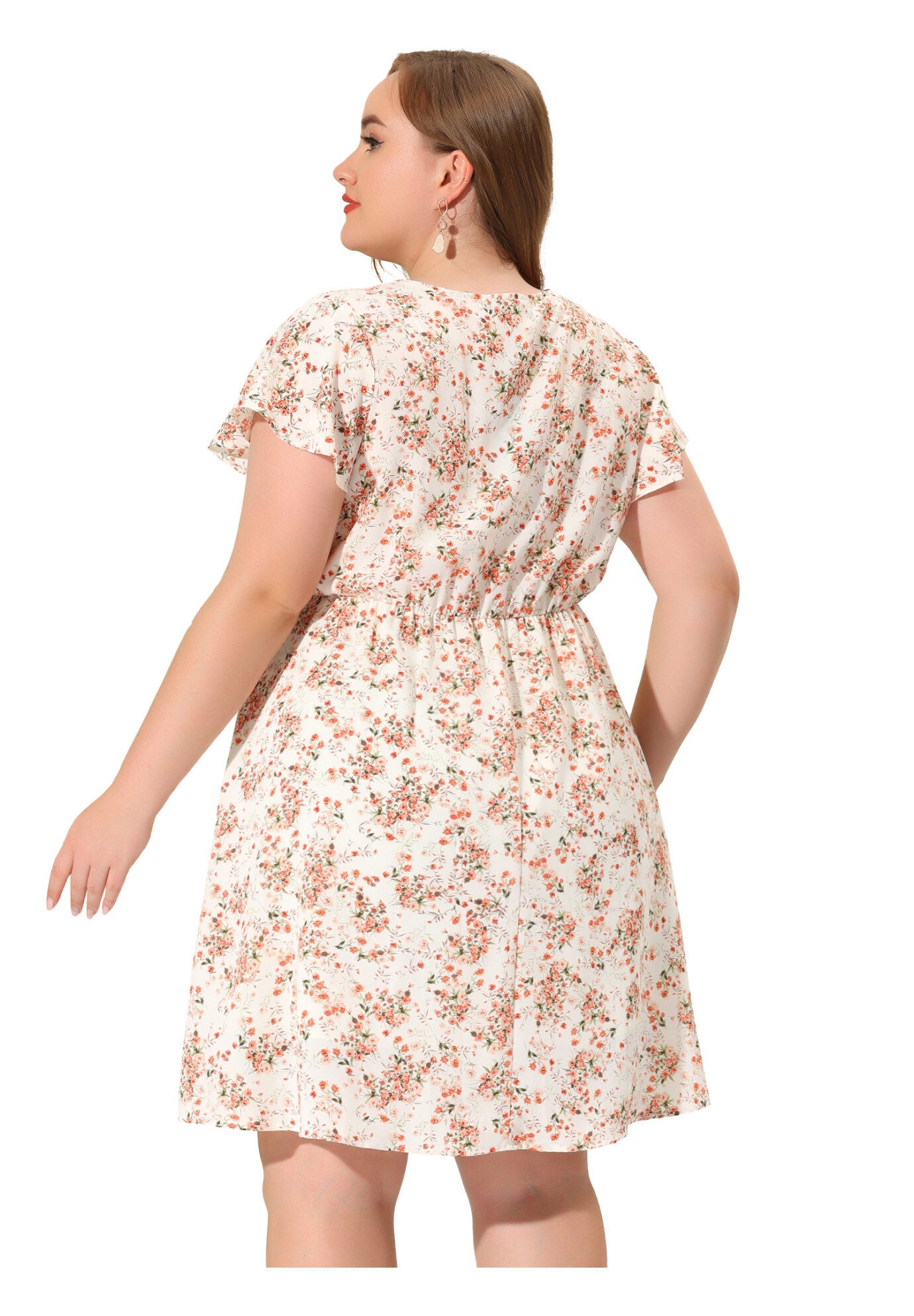 Summer V Neck Flare Sleeve Peplum Midi Ruffle Dress, Beige / Beige, alternate image number 4