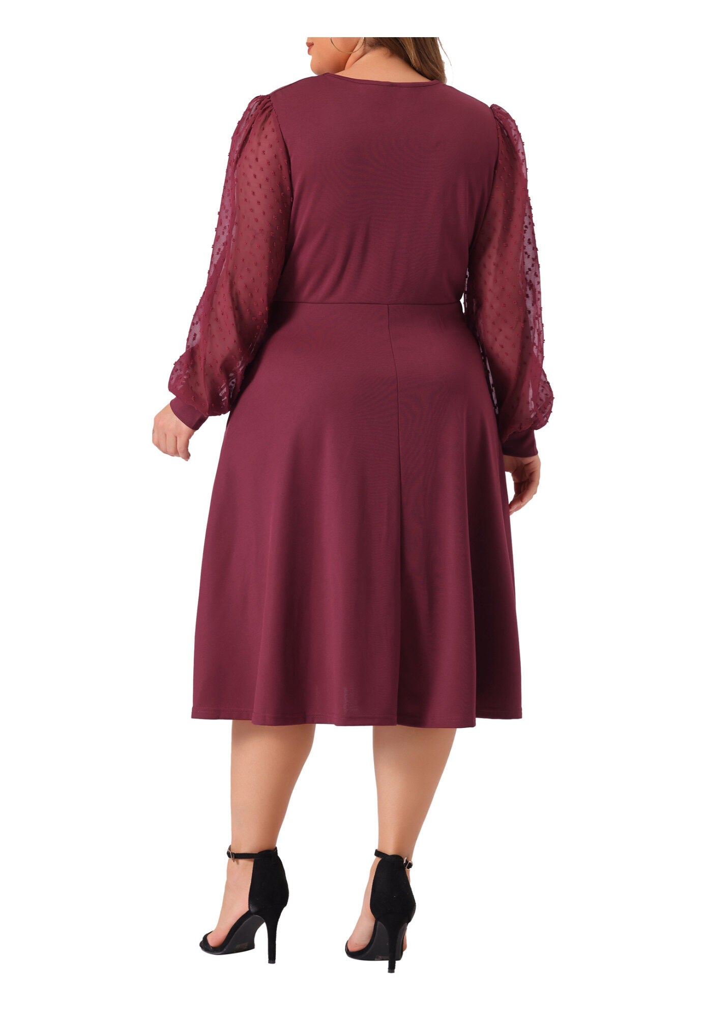 Long Sleeve Swiss Dots Formal Knee Length Dress, Burgundy / Burgundy, alternate image number 3