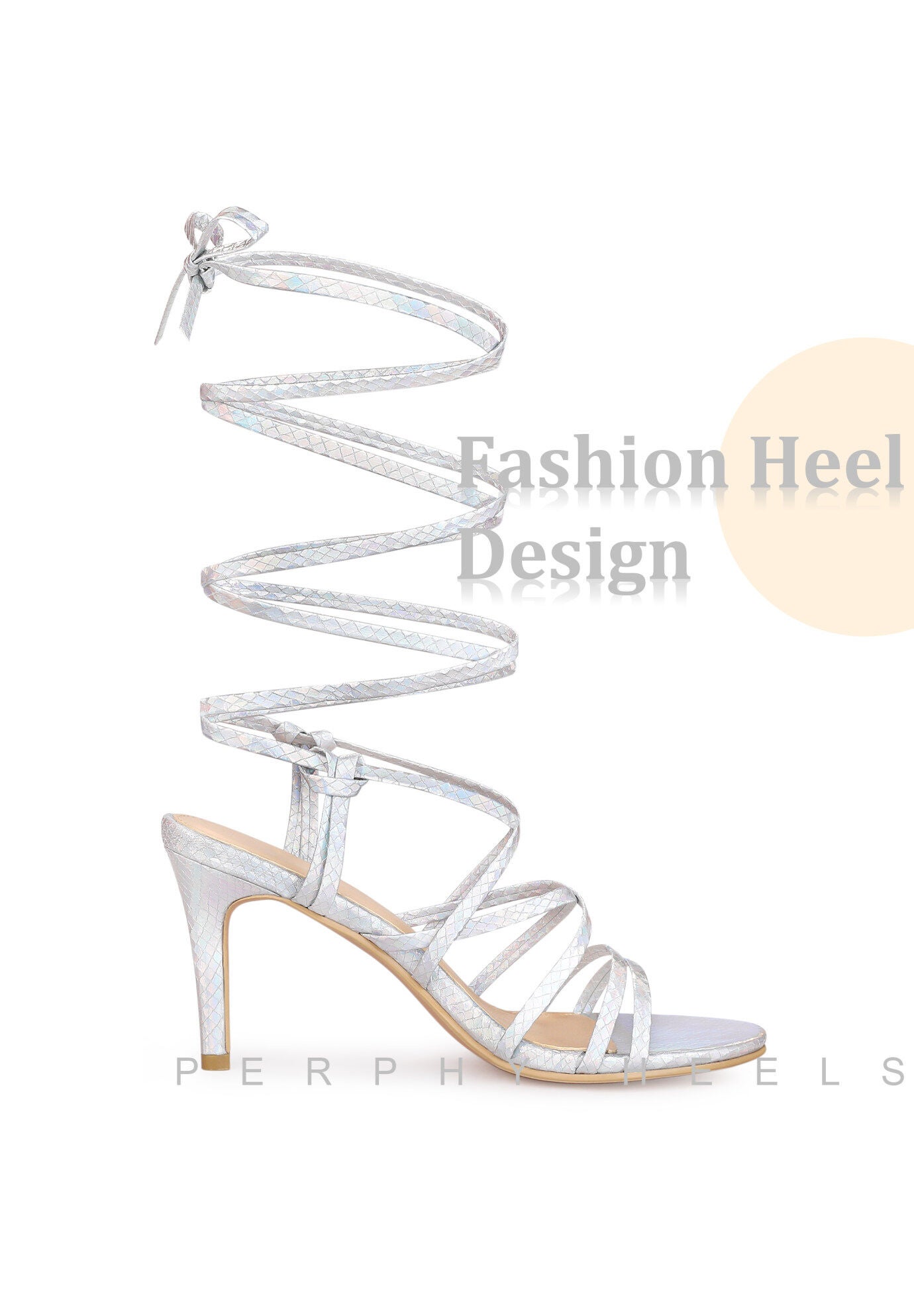 Snakeskin Strappy Lace Up Stiletto Heels Gladiator Sandals, Silver / Silver, alternate image number 3