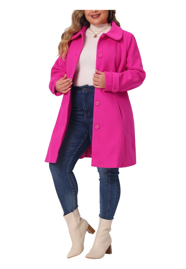 Peter Pan Collar Cuff Single Breasted Trench Long Coat, Hot Pink / Pink, alternate image number 1