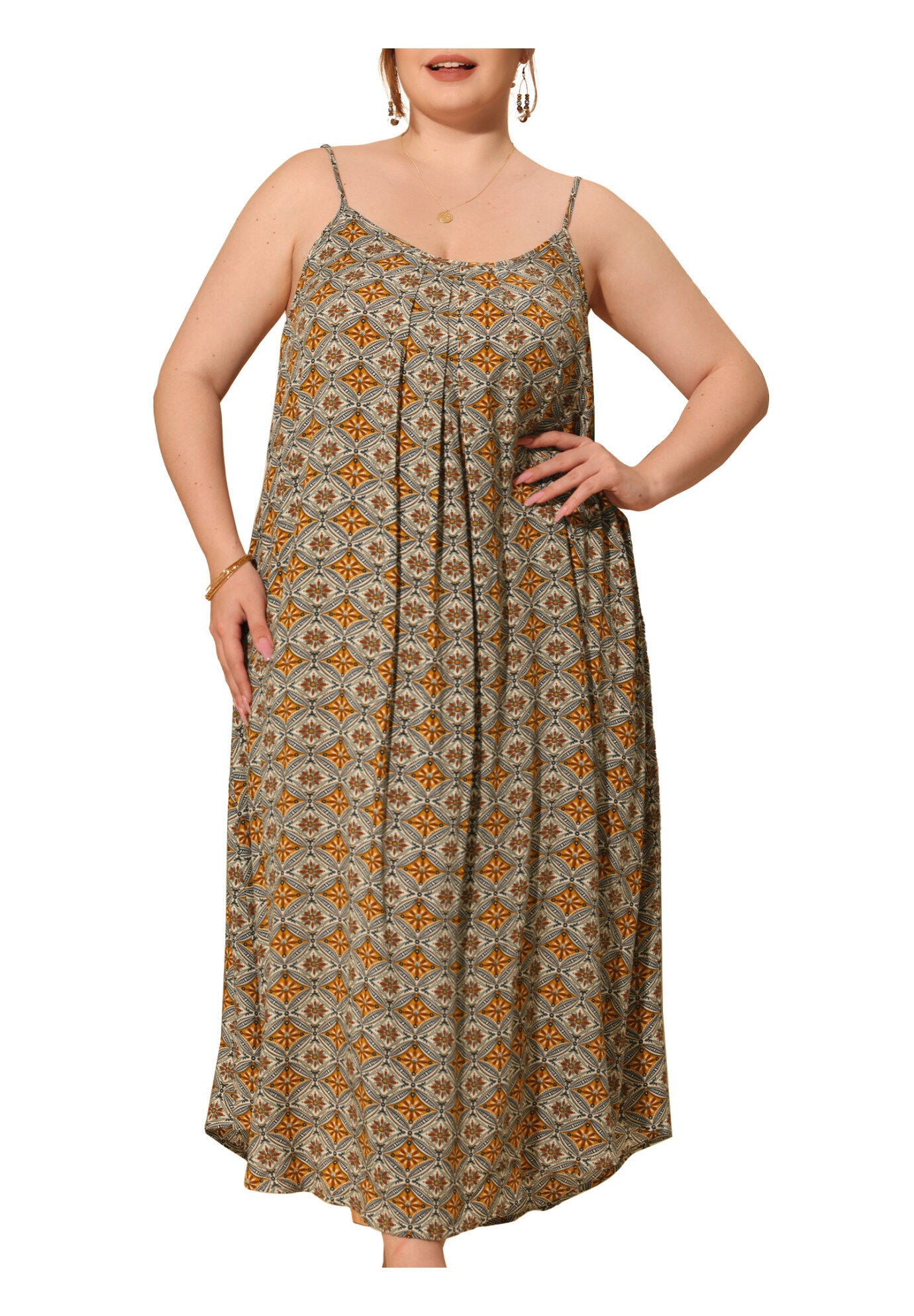 SPAGHETTI STRAP BEACH BOHEMIAN MIDI DRESS, Brown / Brown, alternate image number 1