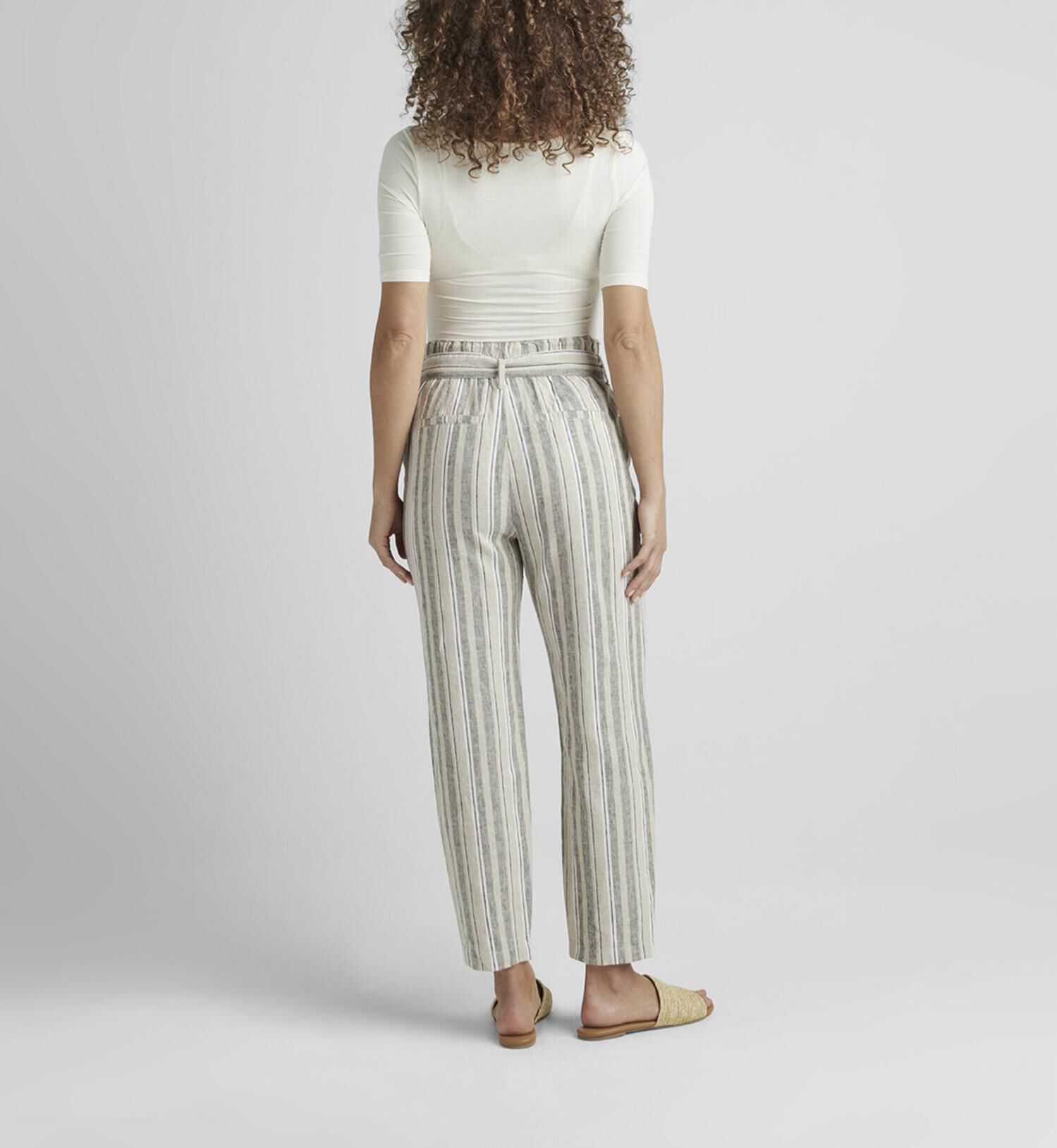 BELTED PLEAT HIGH RISE TAPERED LEG PANT IN LINEN STRIPE, , alternate image number 3