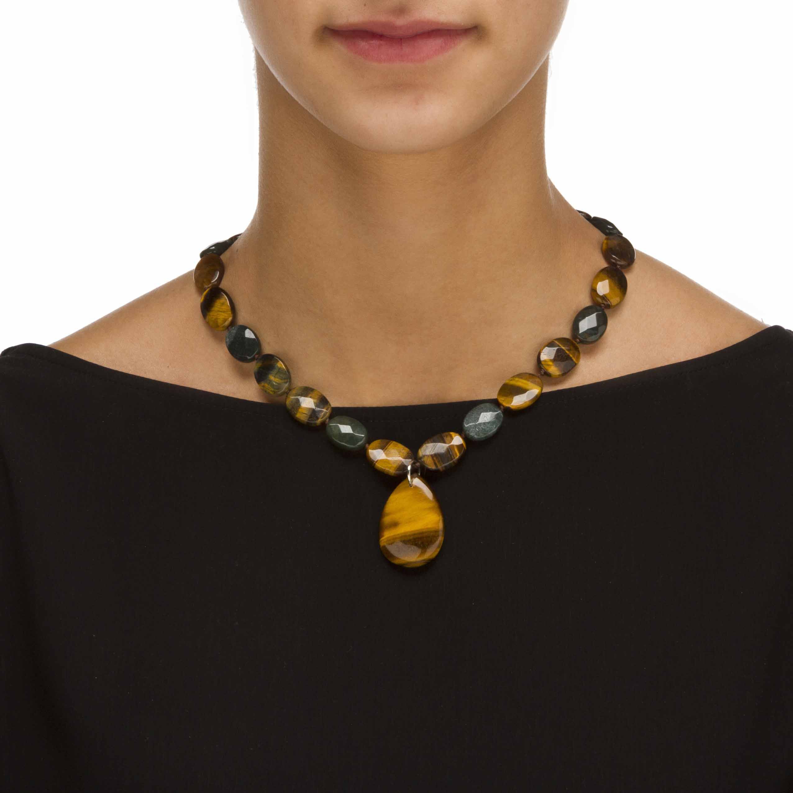 Genuine Jasper and Tiger's Eye Silvertone Necklace and Earrings Set, Brown / Brown, alternate image number 3