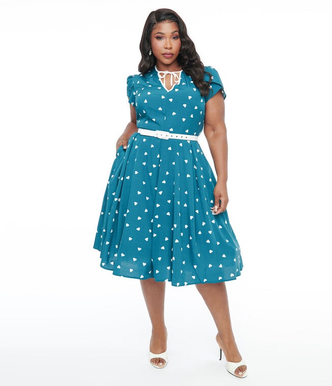 Unique Vintage 1940s Teal & White Heart Dahlia Swing Dress, Teal White Heart / Turquoise, alternate image number 1
