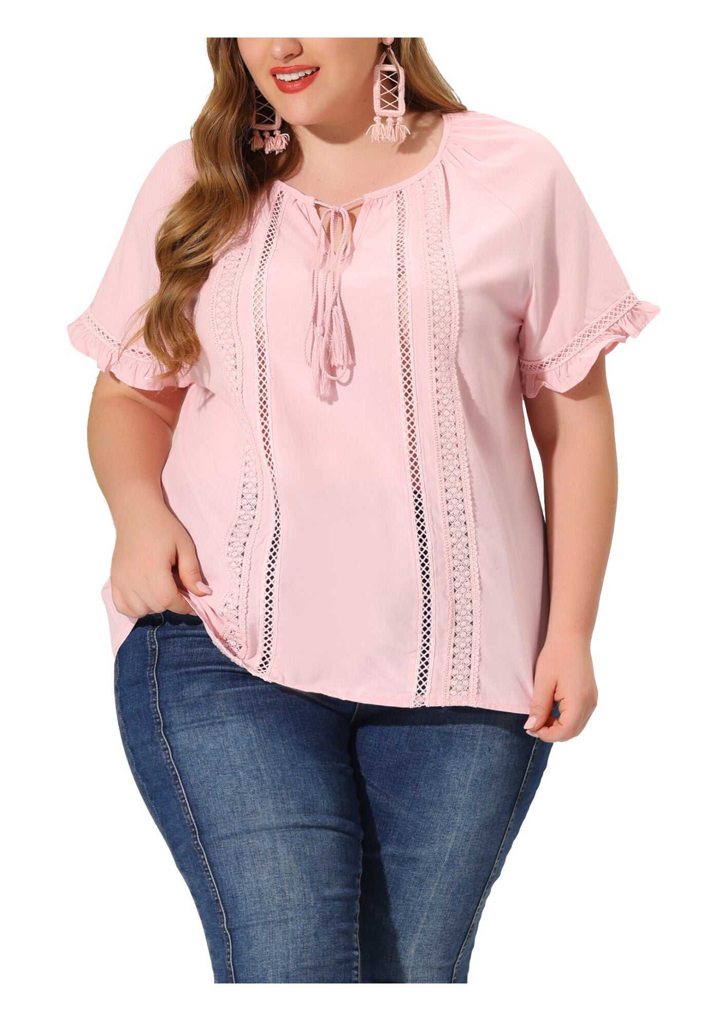 TIE NECK RUFFLE SHORT SLEEVE LACE CROCHET BLOUSE TOP, Pink / Pink, alternate image number 1