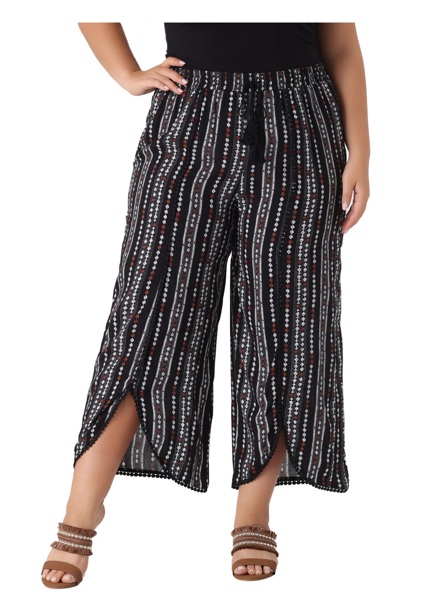SPLIT ELASTIC WAIST FLOWY STRIPED WIDE LEG PANTS, Black / Black, alternate image number 2