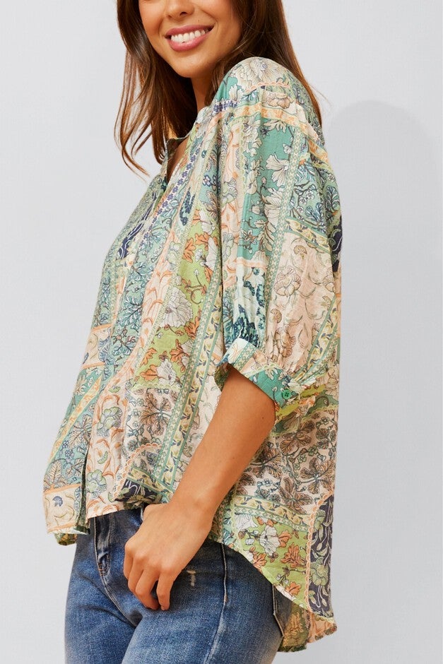 Annick - Daphne Top Floral Print Button Down Front, Green / Light Green, alternate image number null