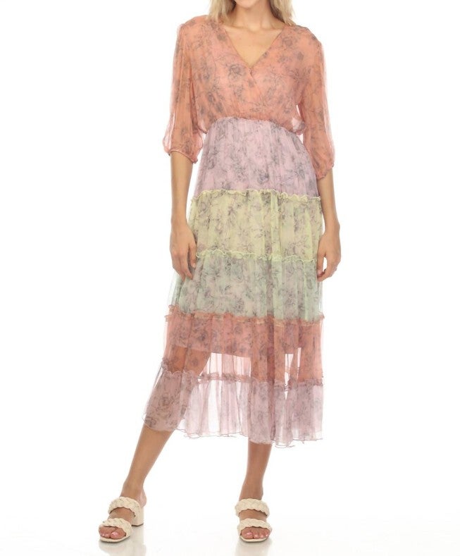 LIZA MIDI TIERED DRESS IN MULTI, Multi / Pink, hi-res image number null