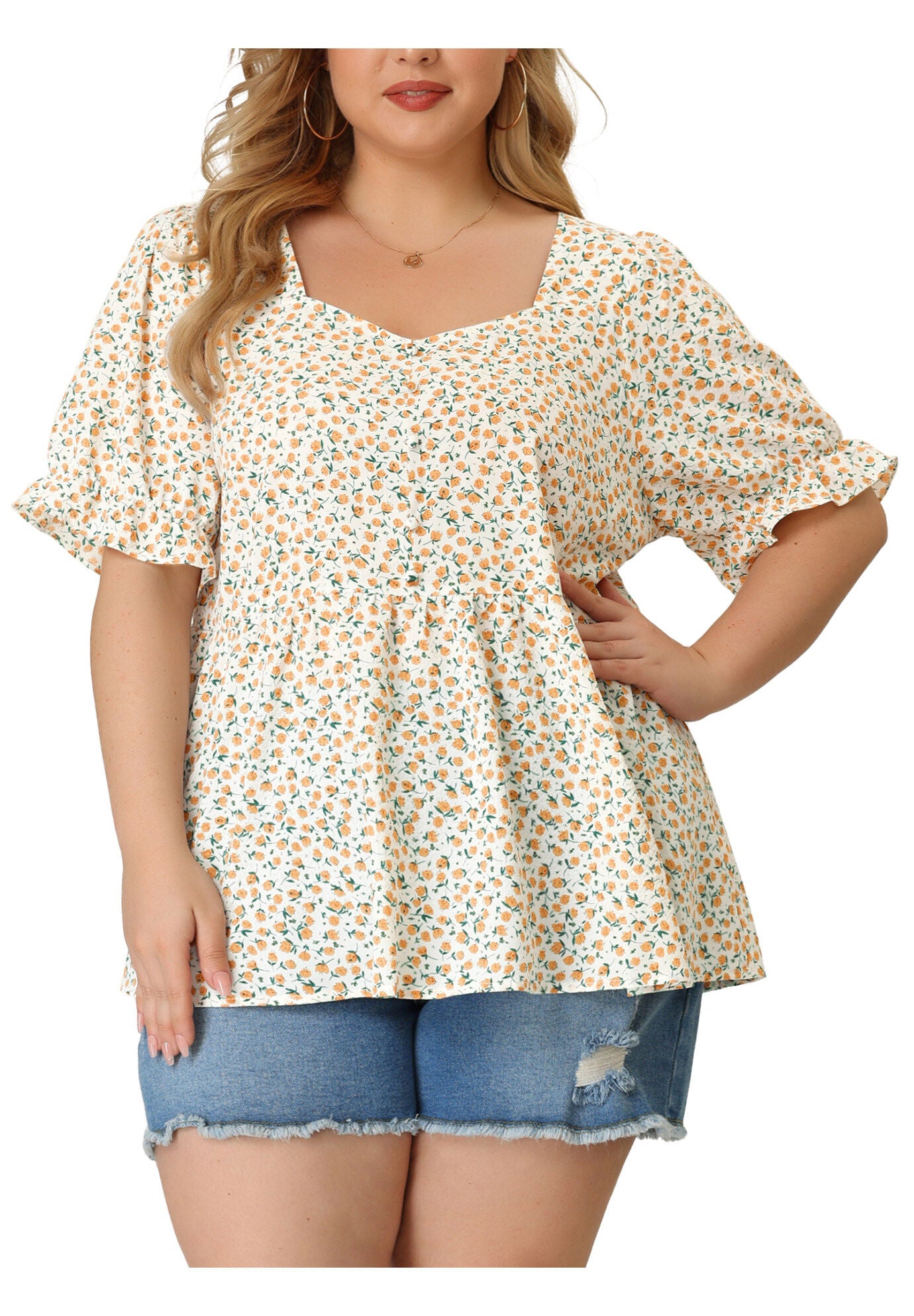 Sweetheart Neck Floral Peplum Top, White / White, alternate image number 1