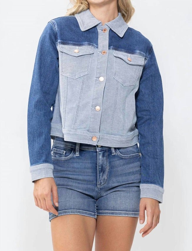 COLOR BLOCK DENIM JACKET IN MEDIUM BLUE, Medium Blue / Medium Wash, hi-res image number null