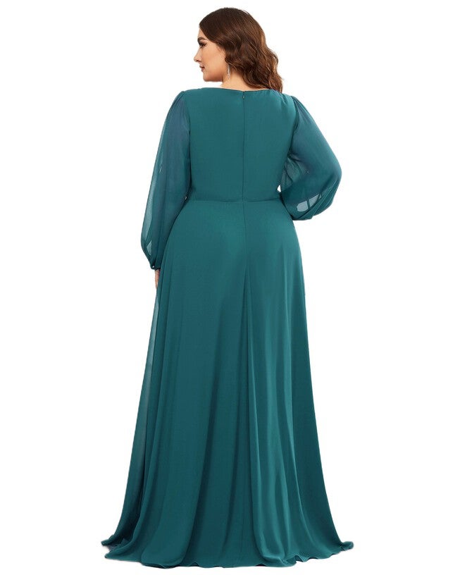 Chiffon V-Neckline Long Sleeve Formal Evening Dress, Teal / Teal, alternate image number 1
