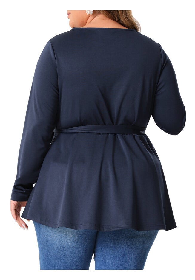 Crew Neck High Low Asymmetrical Irregular Hem Blouse T-Shirt with Belt, Navy Blue / Navy, alternate image number 3