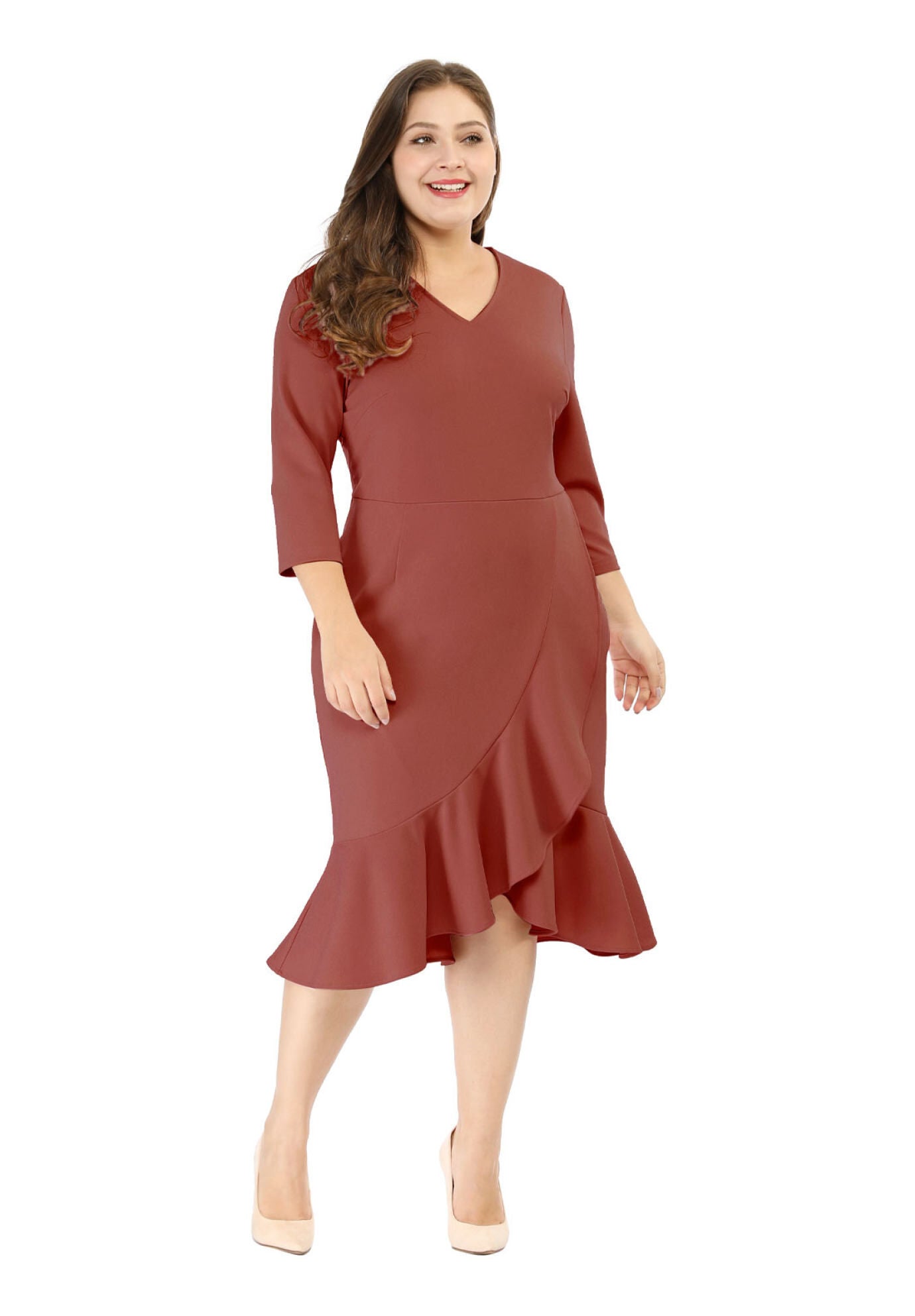 Ruffled 3/4 Sleeve Office Work Cocktail Wrap Dress, Brick Red / Burnt Orange, alternate image number 1