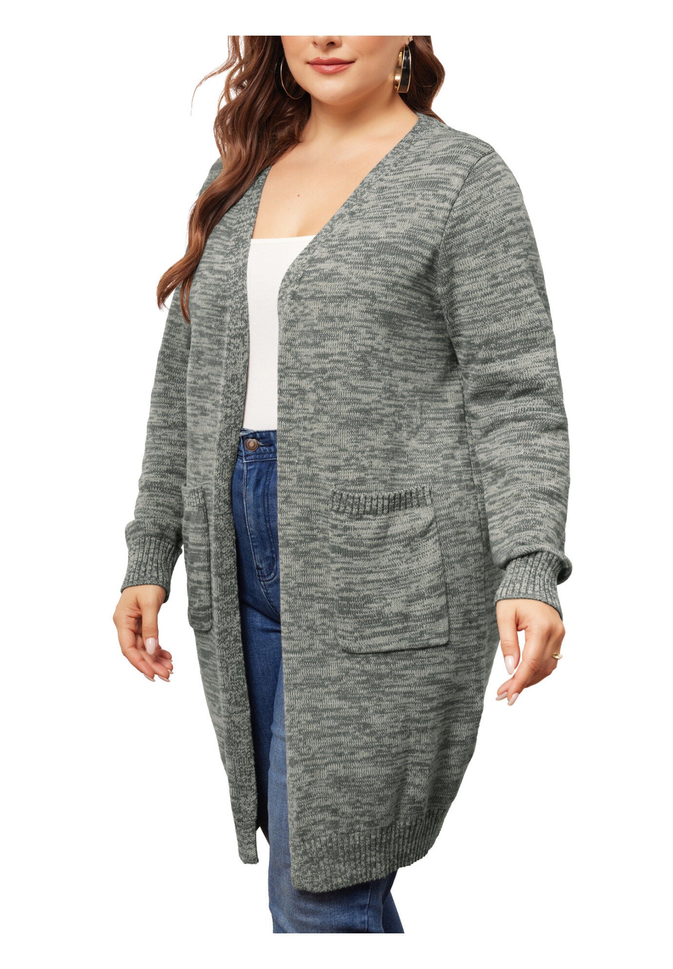 CONTRAST COLOR OPEN FRONT POCKETS SWEATER CARDIGAN, Grey / Warm Grey, alternate image number 1