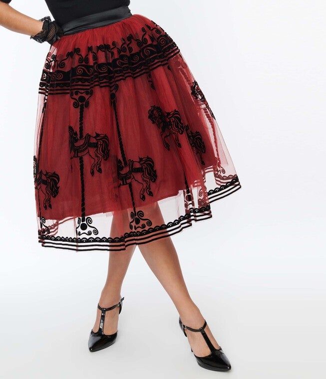 Unique Vintage Burgundy Carousel Brilliance Swing Skirt, , alternate image number null