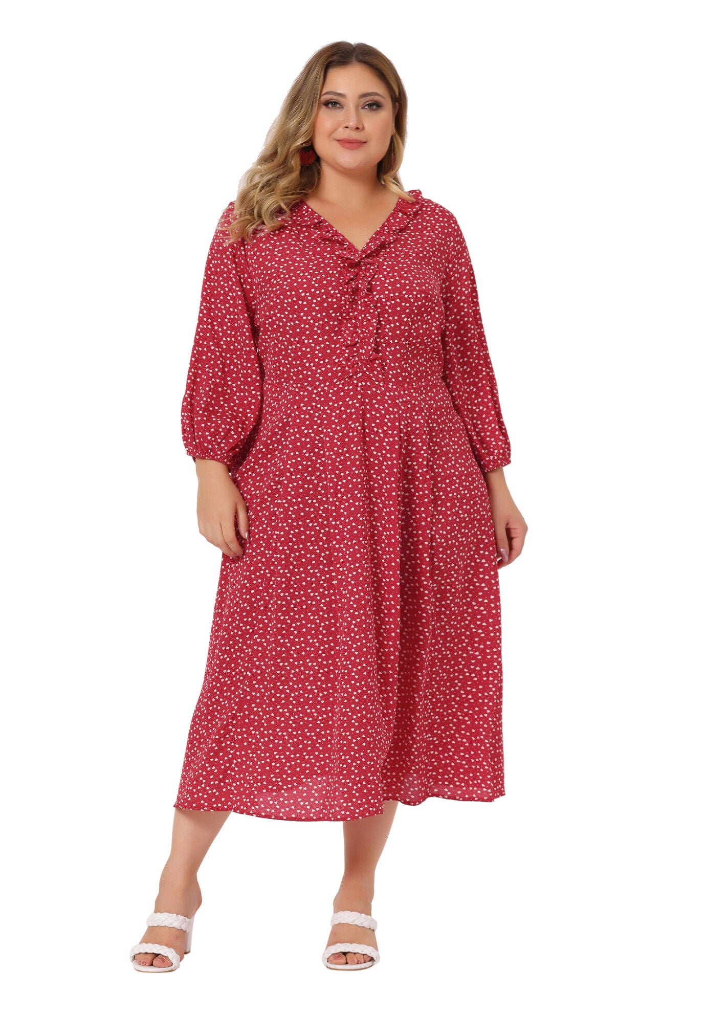 3/4 Sleeve Sweetheart Print Midi Ruffle Dress, Red / Red, hi-res image number 0
