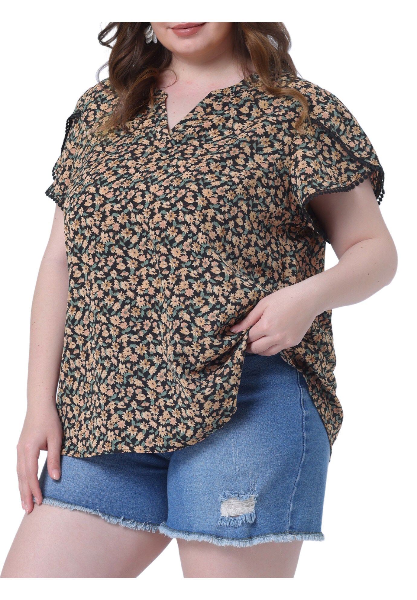 Floral V Neck Tulip Sleeve Shirt Summer Top, Black / Black, alternate image number 1