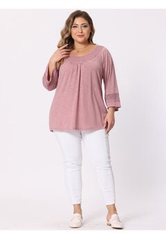 CROCHET PANEL HOLLOW OUT PLEATED TUNICS BLOUSE TOP