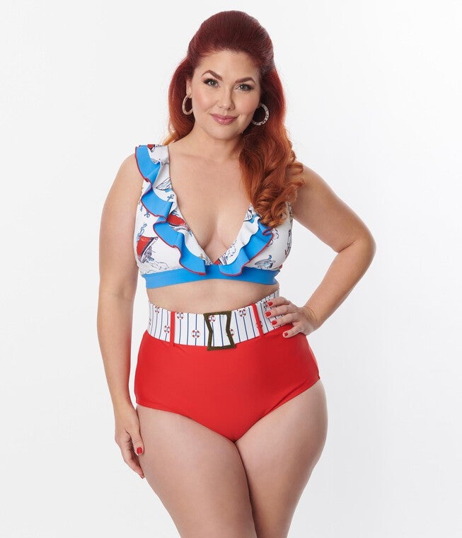 Unique Vintage White & Blue Nautical Print Ruffle Swim Top, , alternate image number null