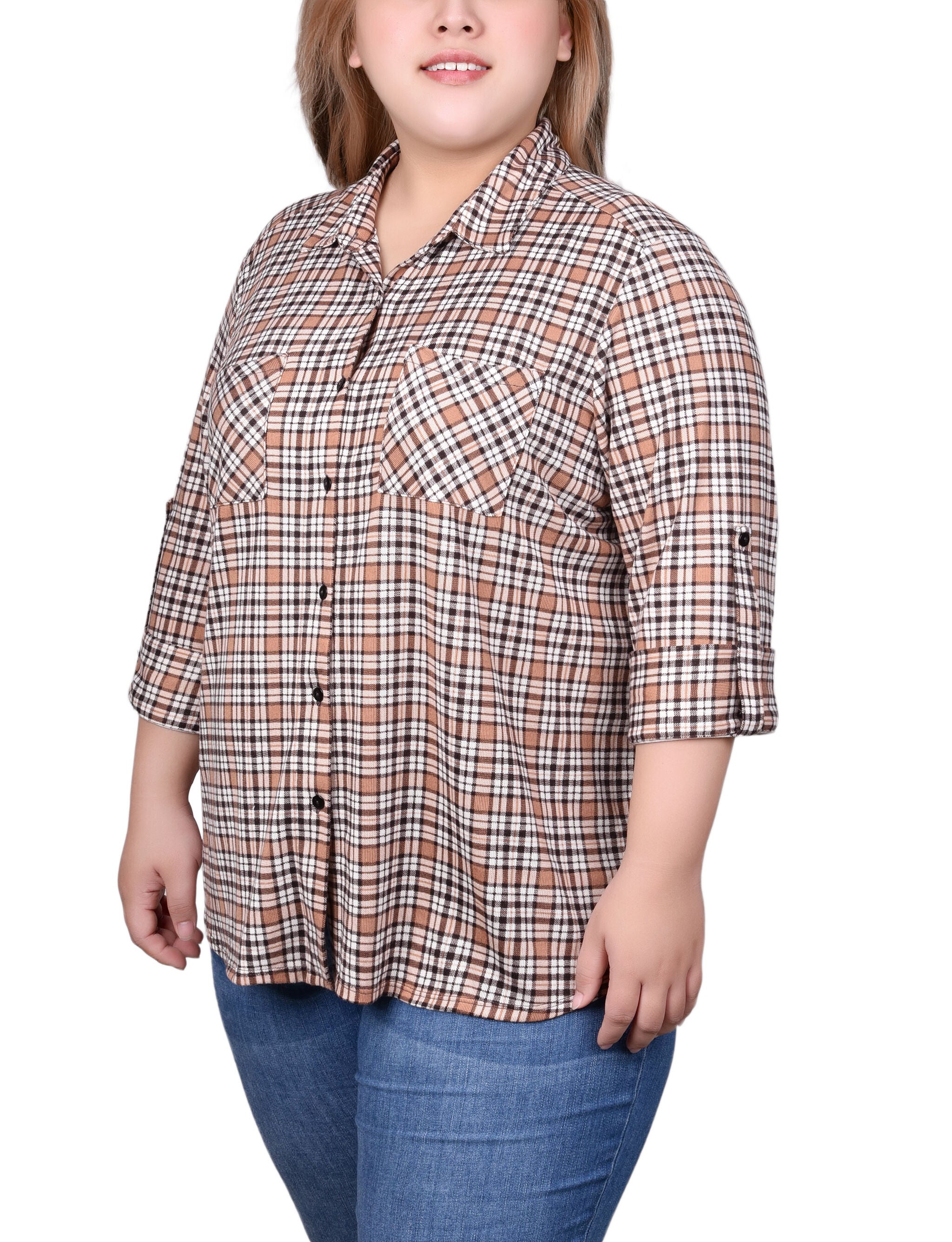Long Sleeve Button Front Tunic Top, Tan Plaid, alternate image number 2