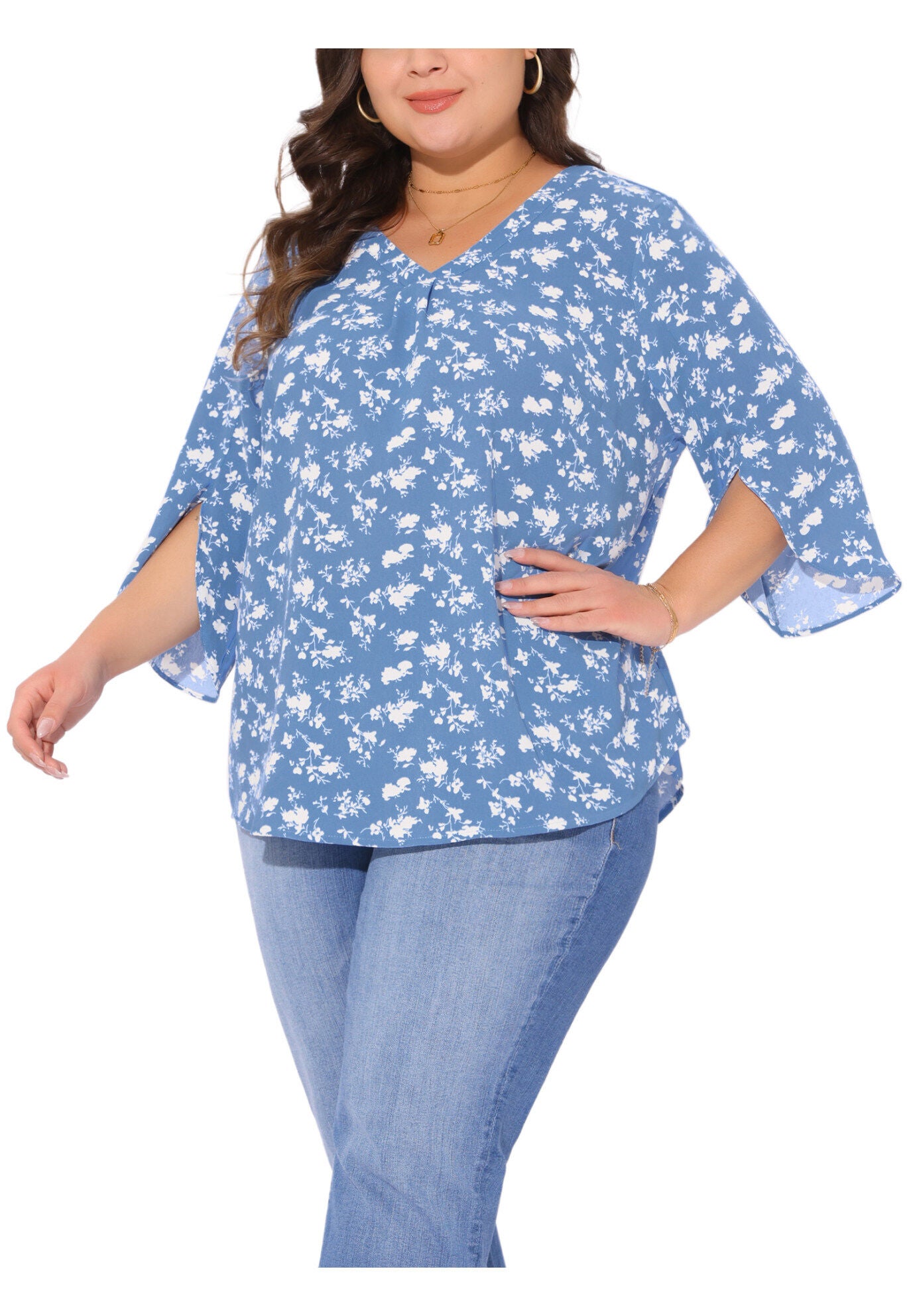 3/4 Sleeve V Neck Chiffon Shirt Tunic Top, Blue / Cornflower Blue, alternate image number 1