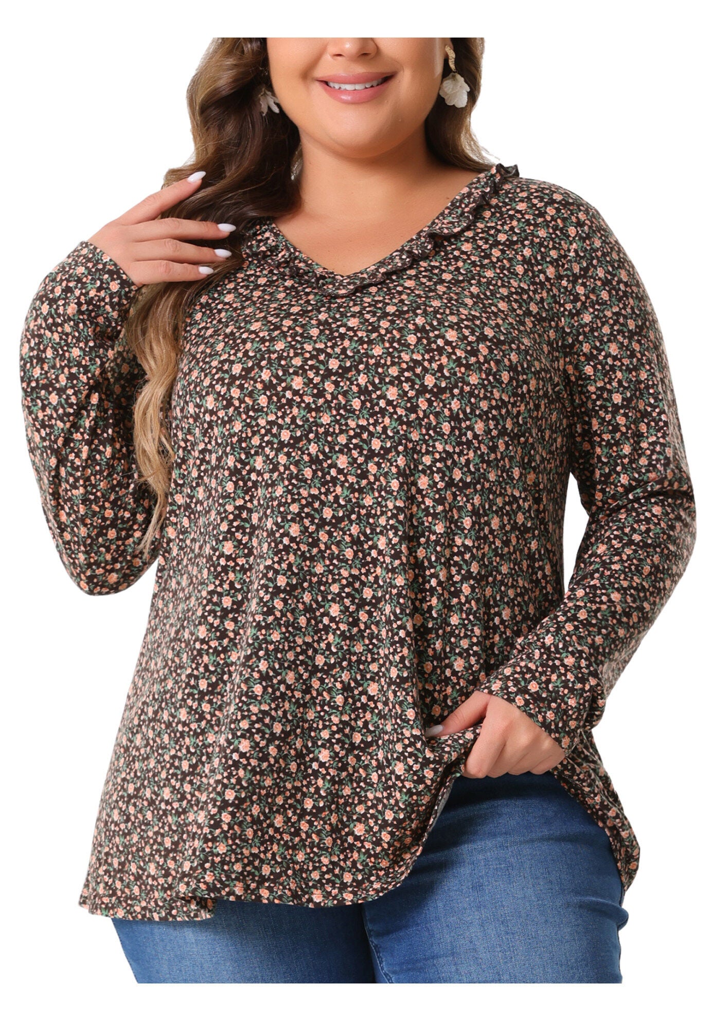Floral V Neck Long Sleeve Ruffle Tunic Blouse Top, Brown Orange / Burnt Orange, alternate image number 2