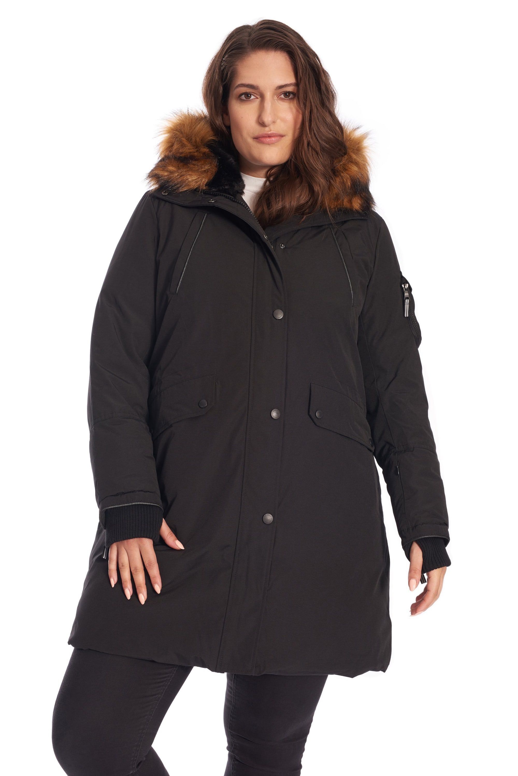 LAURENTIAN | Vegan Down Recycled Long Parka Winter With Faux Fur Hood, Black / Black, alternate image number 1