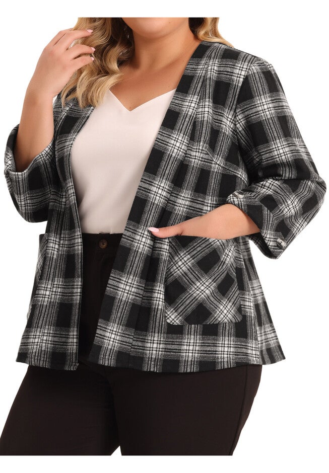 3/4 Sleeves Casual Blazers Open Front Plaid Cardigan, Black / Black, alternate image number 1