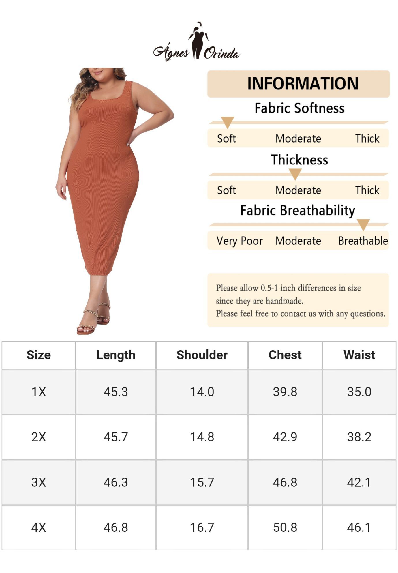 SLEEVELESS SQUARE NECK BODYCON SUNDRESS MIDI TANK DRESS, Orange / Orange, alternate image number 4