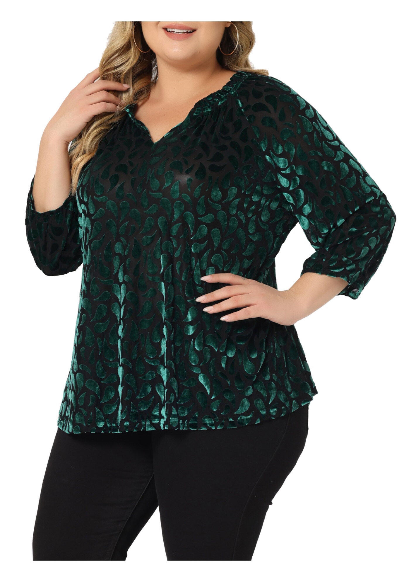 Vintage Velvet Top Sheer Mesh V Neck 3/4 Sleeve Elegant Blouse, Dark Green / Hunter Green, alternate image number 1