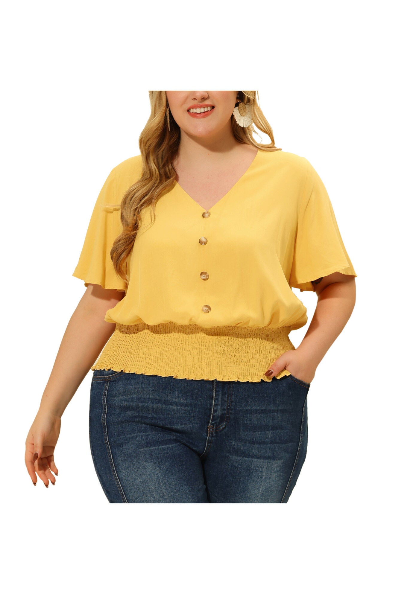 V Neck Button Up Short Sleeve Shirred Crop Shirt Blouse, Yellow / Yellow, alternate image number 2