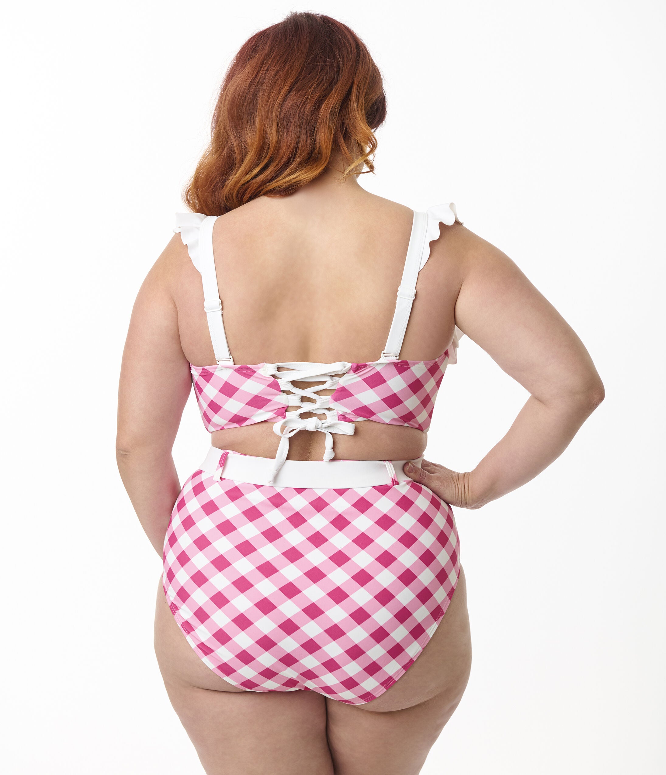 Unique Vintage Plus Size Pink & White Gingham Belted Redondo Swim Bottoms, Pink / Pink, alternate image number 2