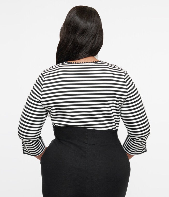 1950s Black & White Stripe Cutout Neck Tie Top, Black White Stripe / Black, alternate image number 1