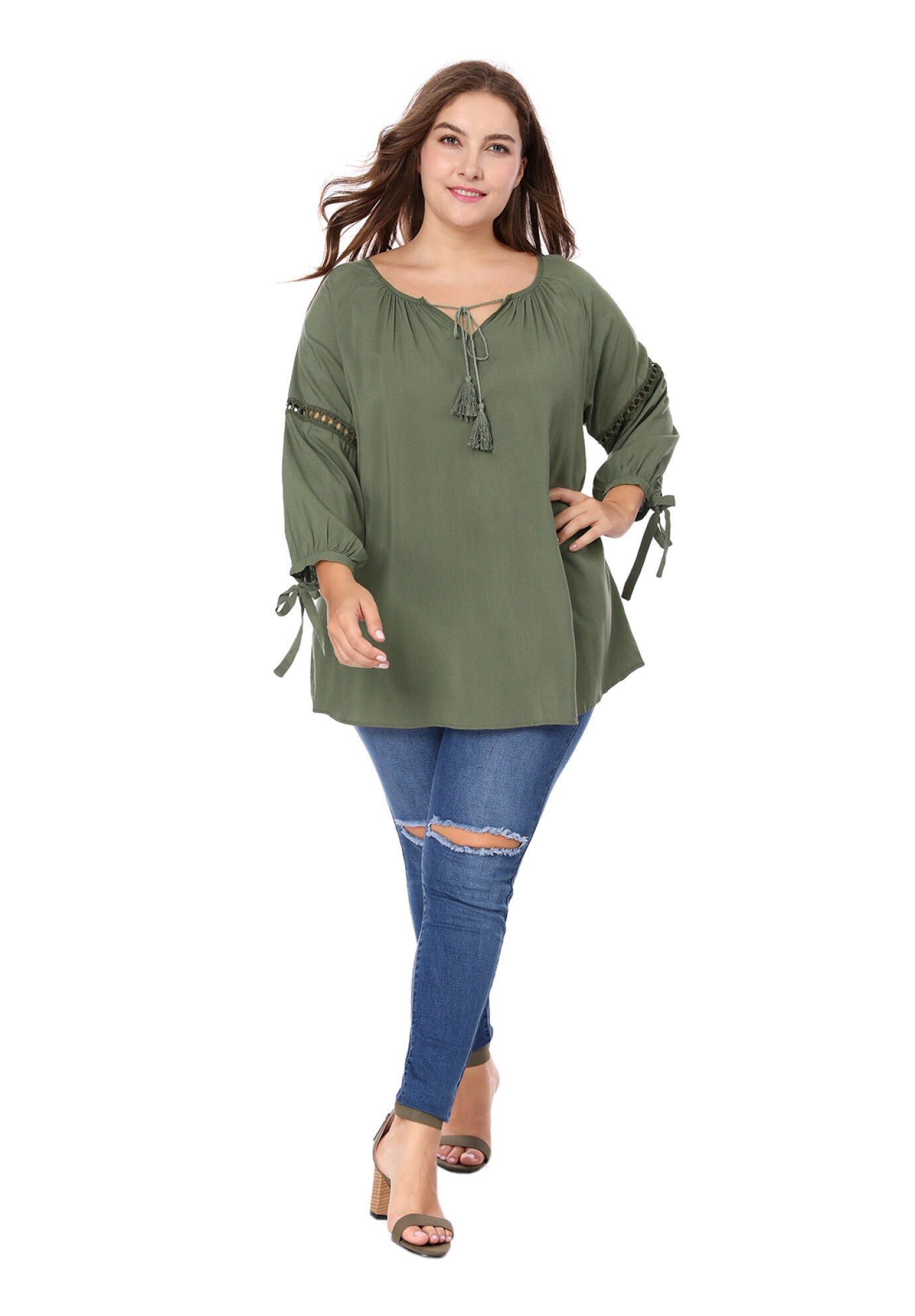 RAGLAN SLEEVES HOLLOW OUT TIE NECK PEASANT TOP, Green / Olive Green, hi-res image number 0