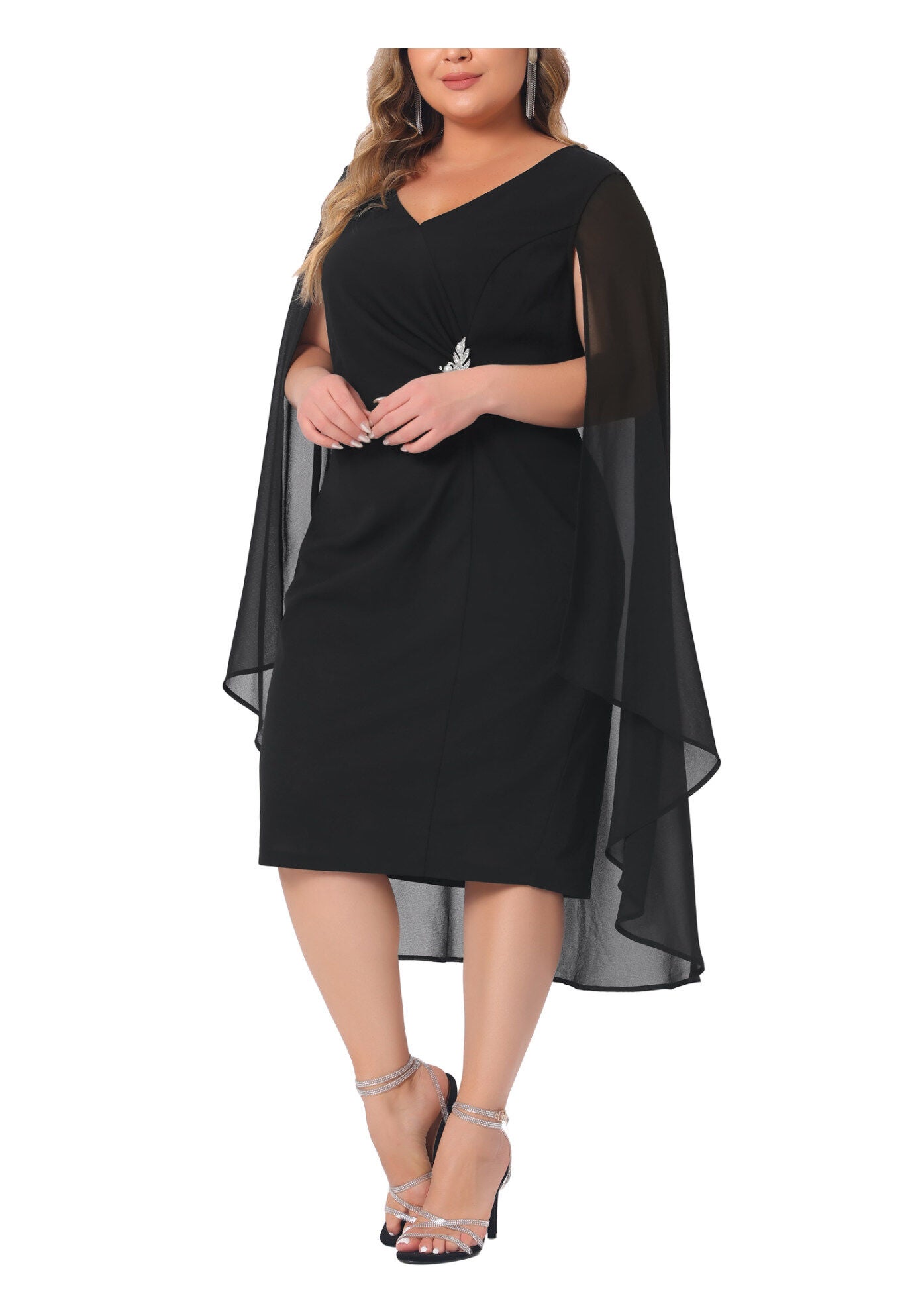 Chiffon Cape Sleeve Bodycon Pencil Cocktail Dress, Black / Black, alternate image number 1