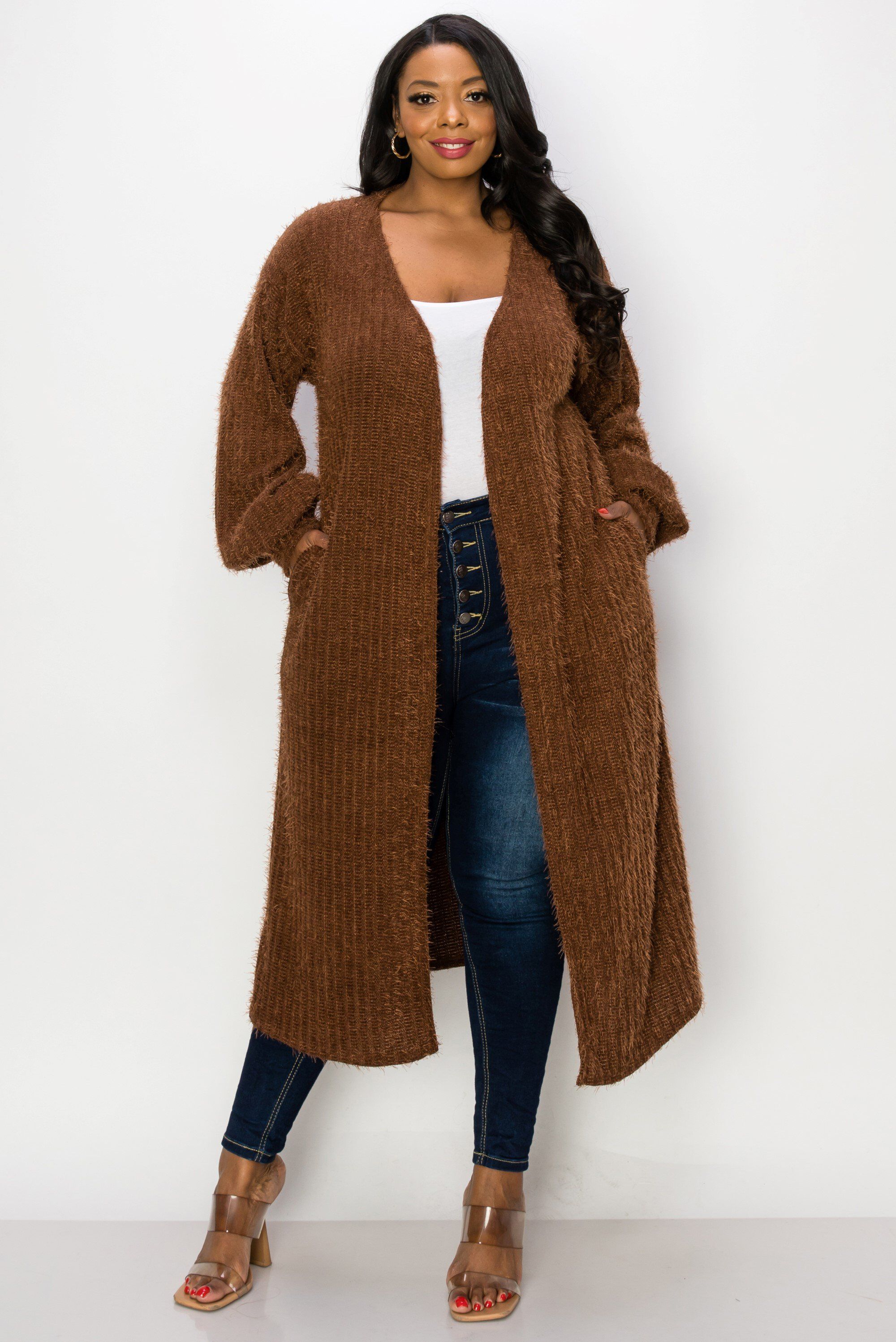 SERILDA FAUX FEATHER CARDIGAN, Brown / Brown, hi-res image number 0