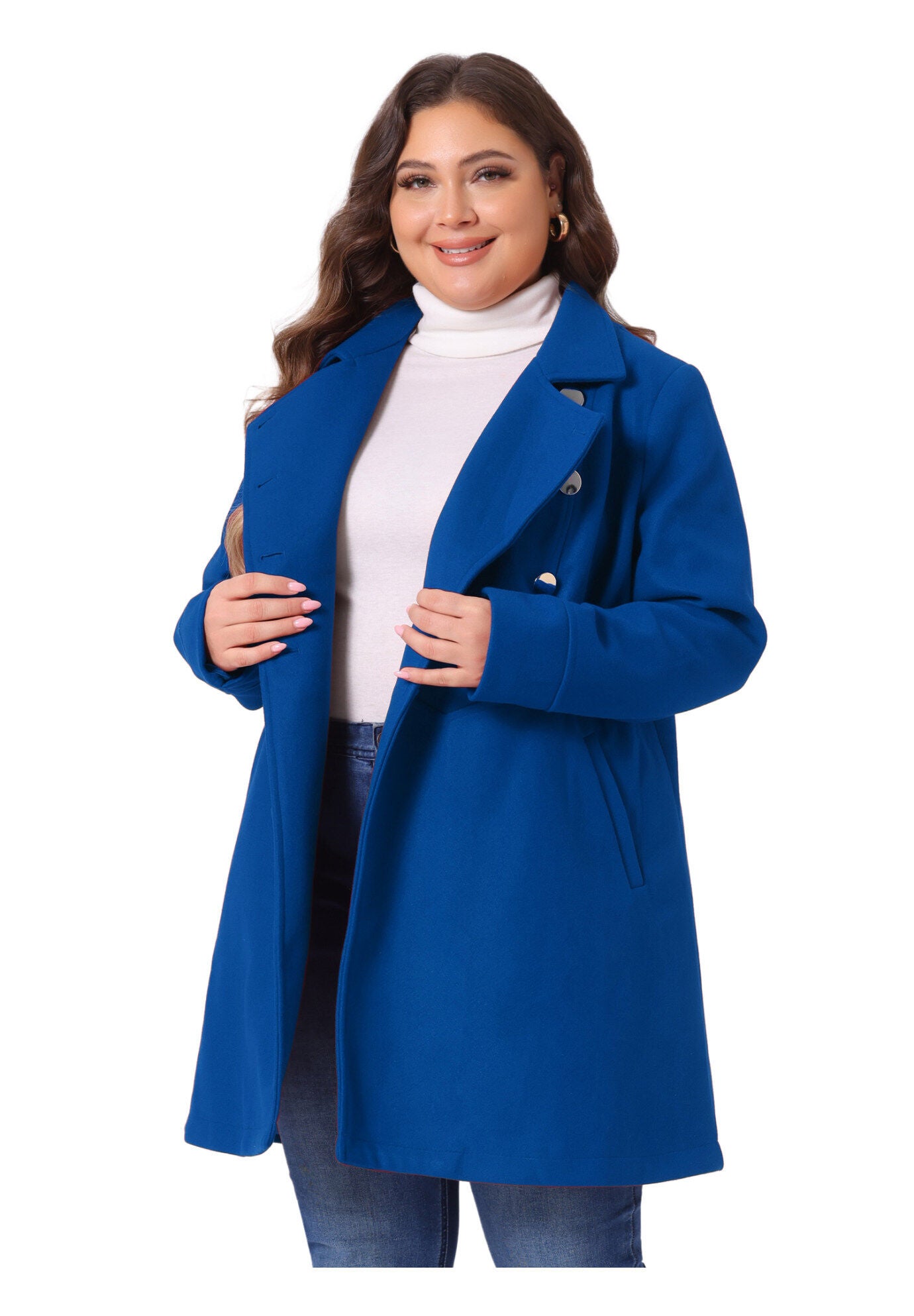 A-Line Peter Pan Collar Double Breasted Peacoat, Royal Blue / Royal Blue, alternate image number 2