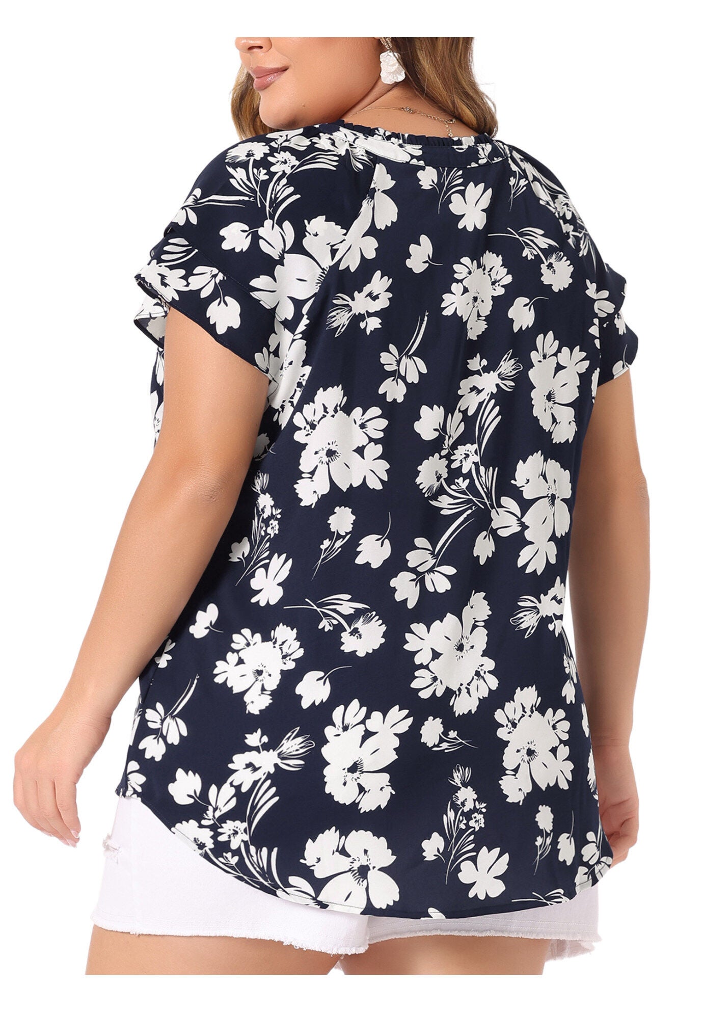 Floral Ruffle Trim V Neck Layered Sleeve Blouse, Navy Blue / Navy, alternate image number 3