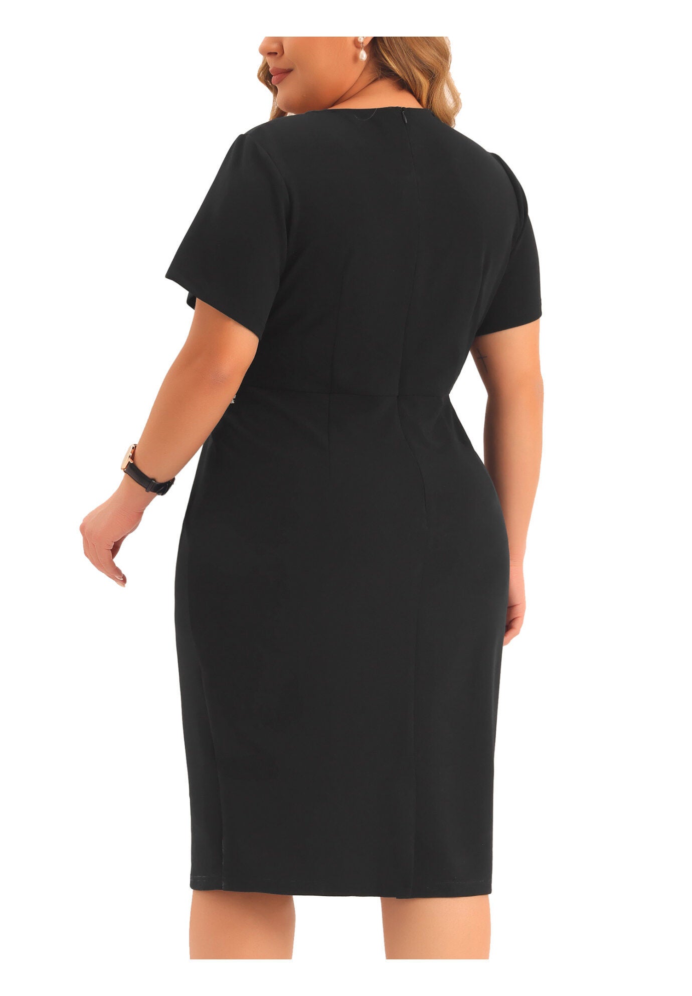 Button Crew Neck Bodycon Pencil Dress, Black / Mint, alternate image number 3
