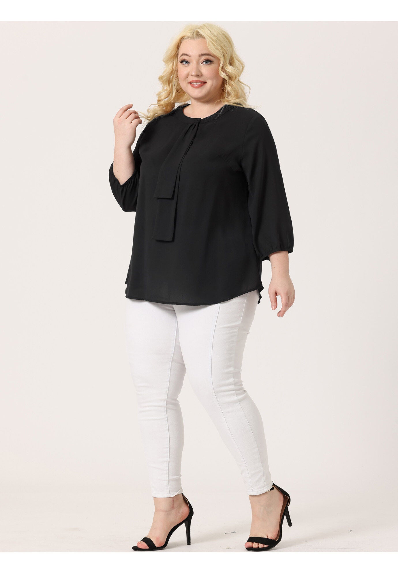Work Round Neck Ruffle Chiffon Blouse Top, Black / Black, hi-res image number 0