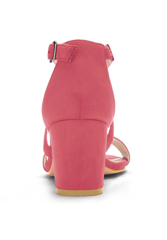 Open Toe Cross Strap Mid Block Heel Sandals, Watermelon Red / Peach, alternate image number 2