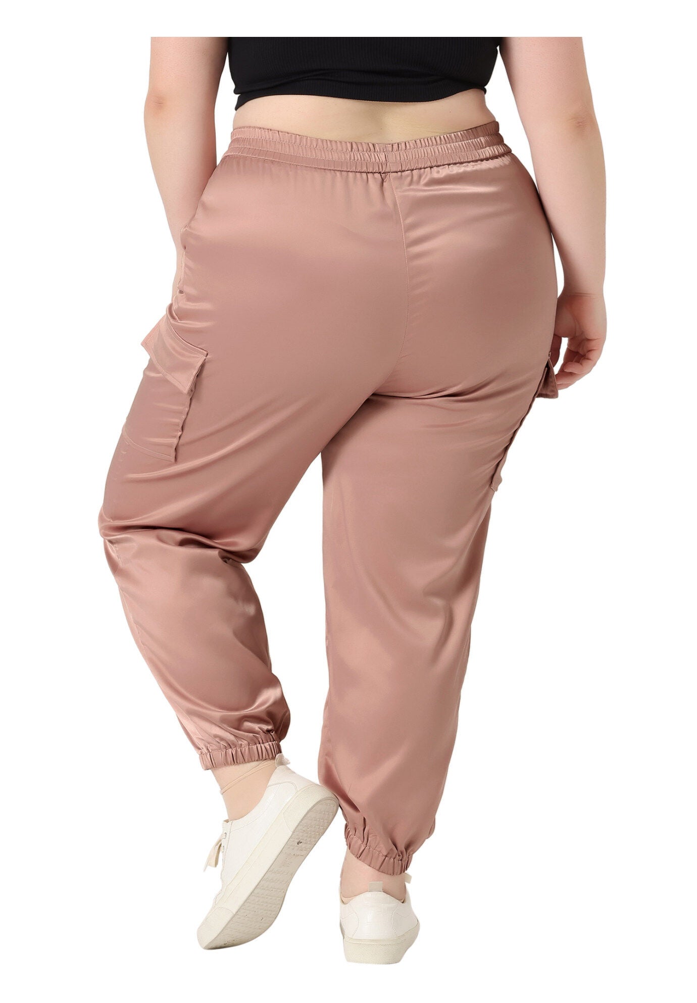 SATIN JOGGERS ELASTIC WAIST ATHLEISURE ANKLE LENGTH CARGO PANTS, Pink / Pink, alternate image number 3