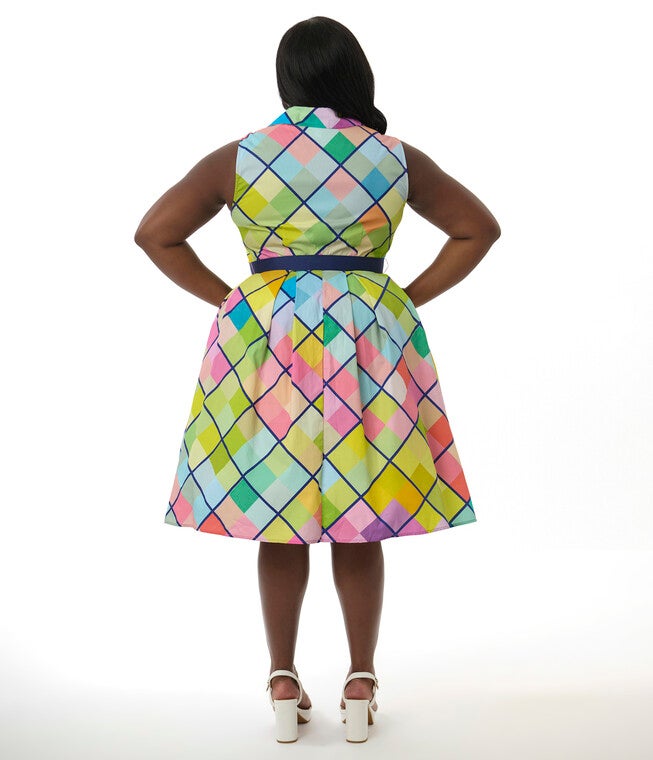 Unique Vintage Plus Size Rainbow Diamond Plaid Edith Swing Dress, Light Yellow / Light Yellow, alternate image number 2