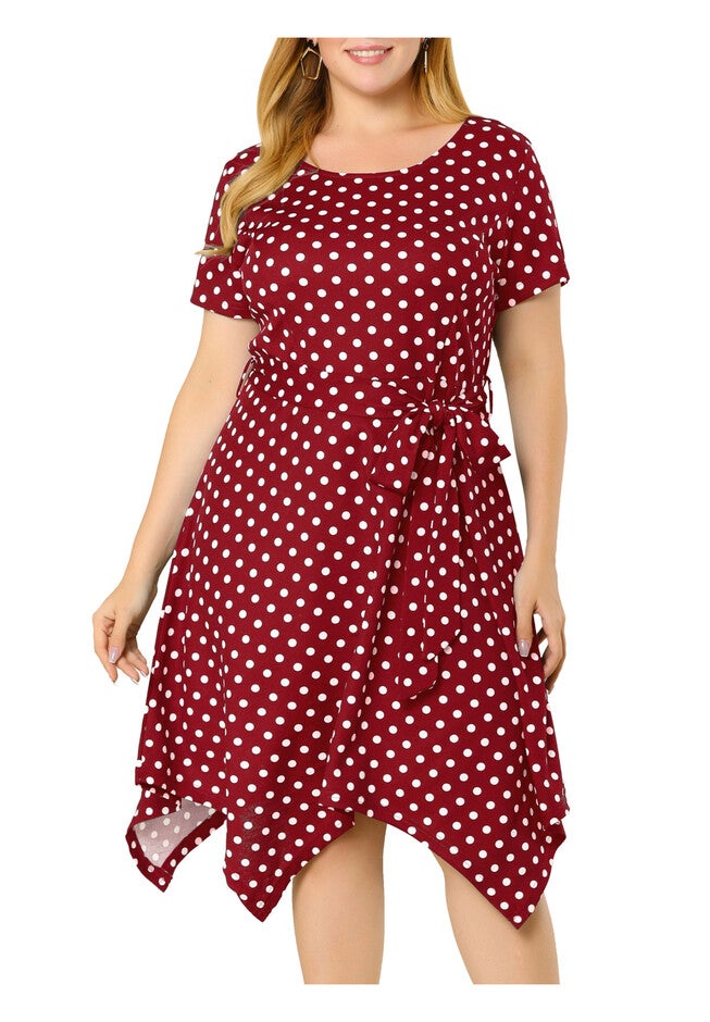 Printed Retro High Low Short Sleeves Dress, Wine Red / Red, alternate image number null