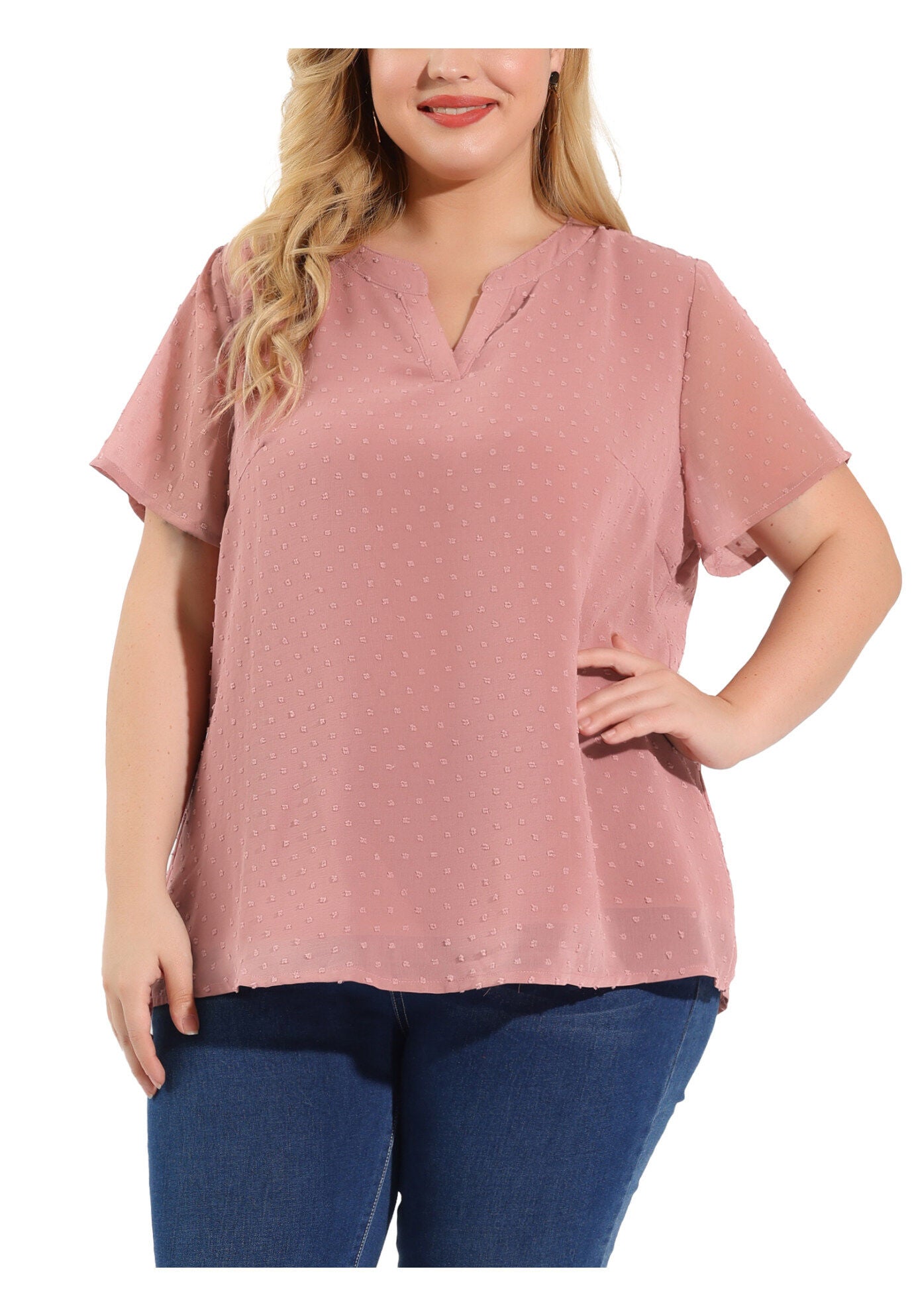 Swiss Dots Notched Neck Short Sleeve Basic Blouse, Pink / Pink, alternate image number 3